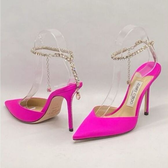 Jimmy Choo Shoes - Jimmy Choo Saeda 100mm Satin Crystal Ankle-Strap Pumps size 39